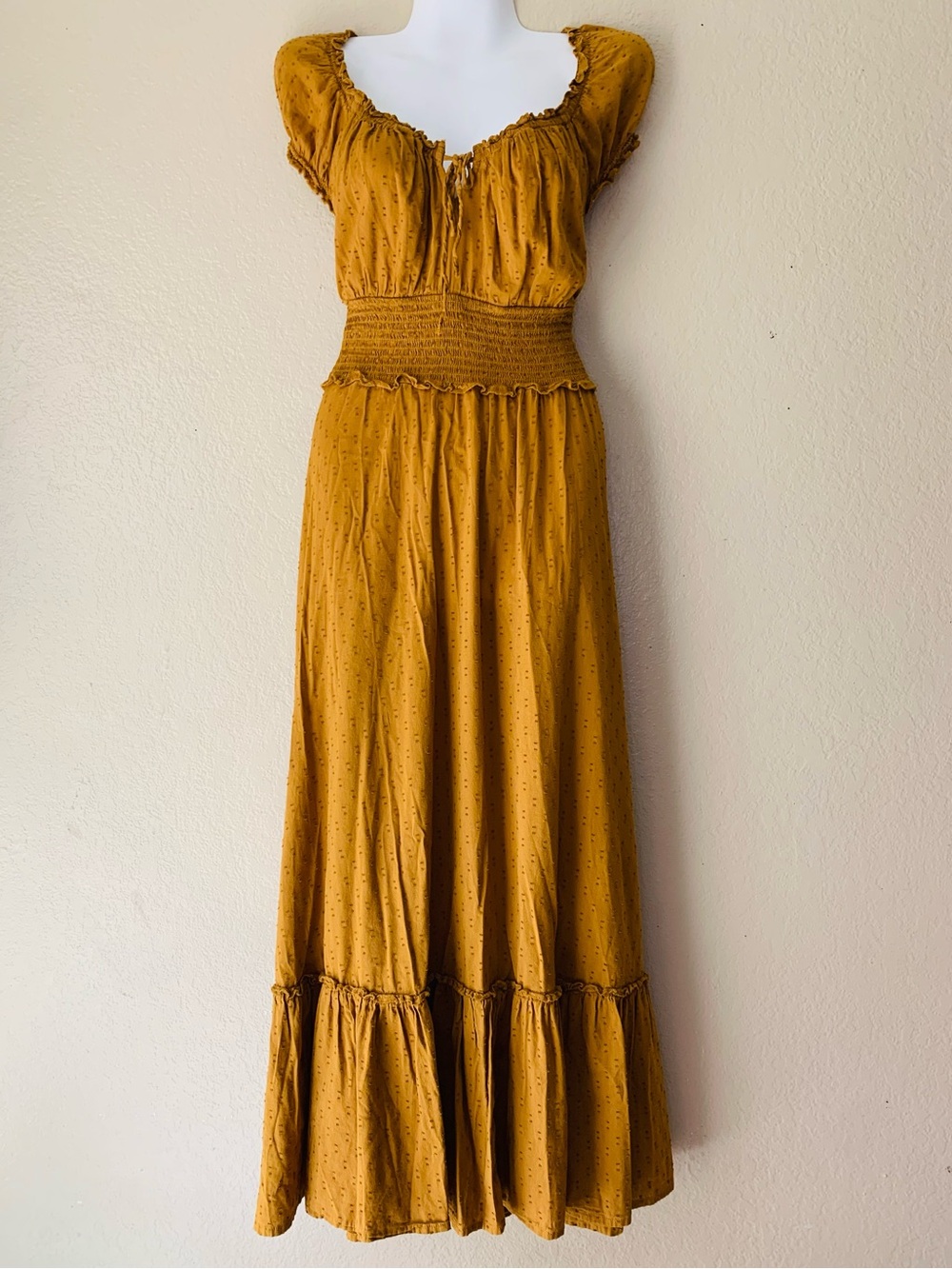 Old Navy Miners Gold Swiss Dot Babydoll Milkmaid Country Maxi Dress Size M - Picture 2 of 8